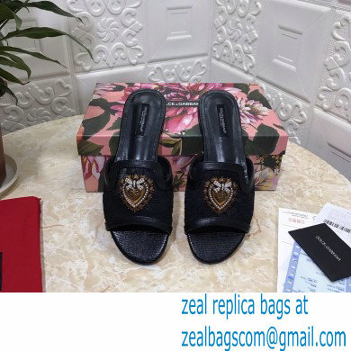 Dolce  &  Gabbana Lace Sliders Black with Devotion Heart 2021